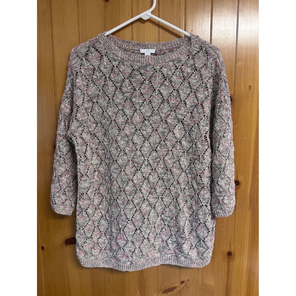 J. Jill M Pink Grey‎ Space Dye Diamond Pointelle Knit Sweater Cottagecore Boho